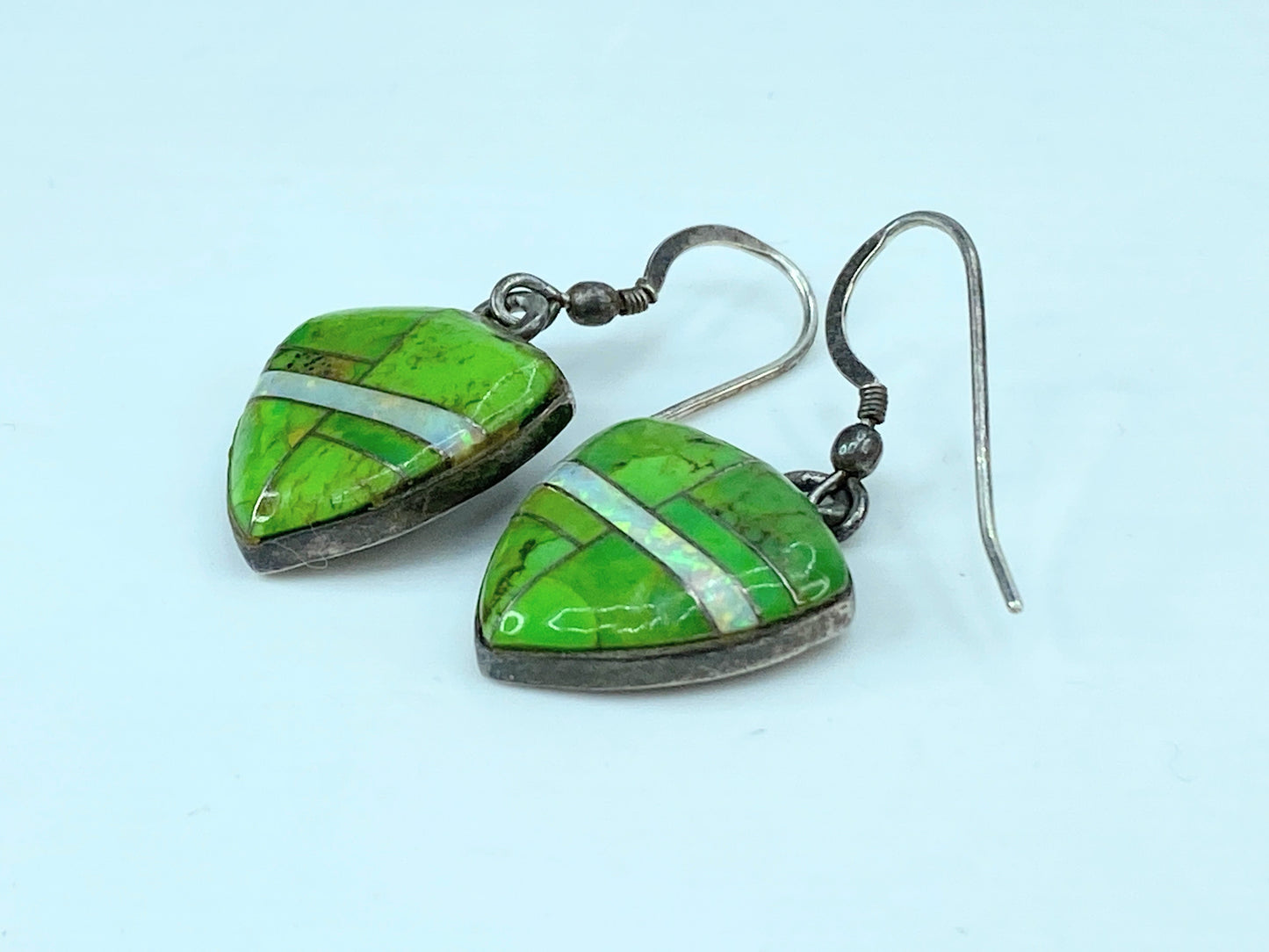 Southwest Sterling 925 Green Gaspeite With Opal Shield motif earrings JR1053