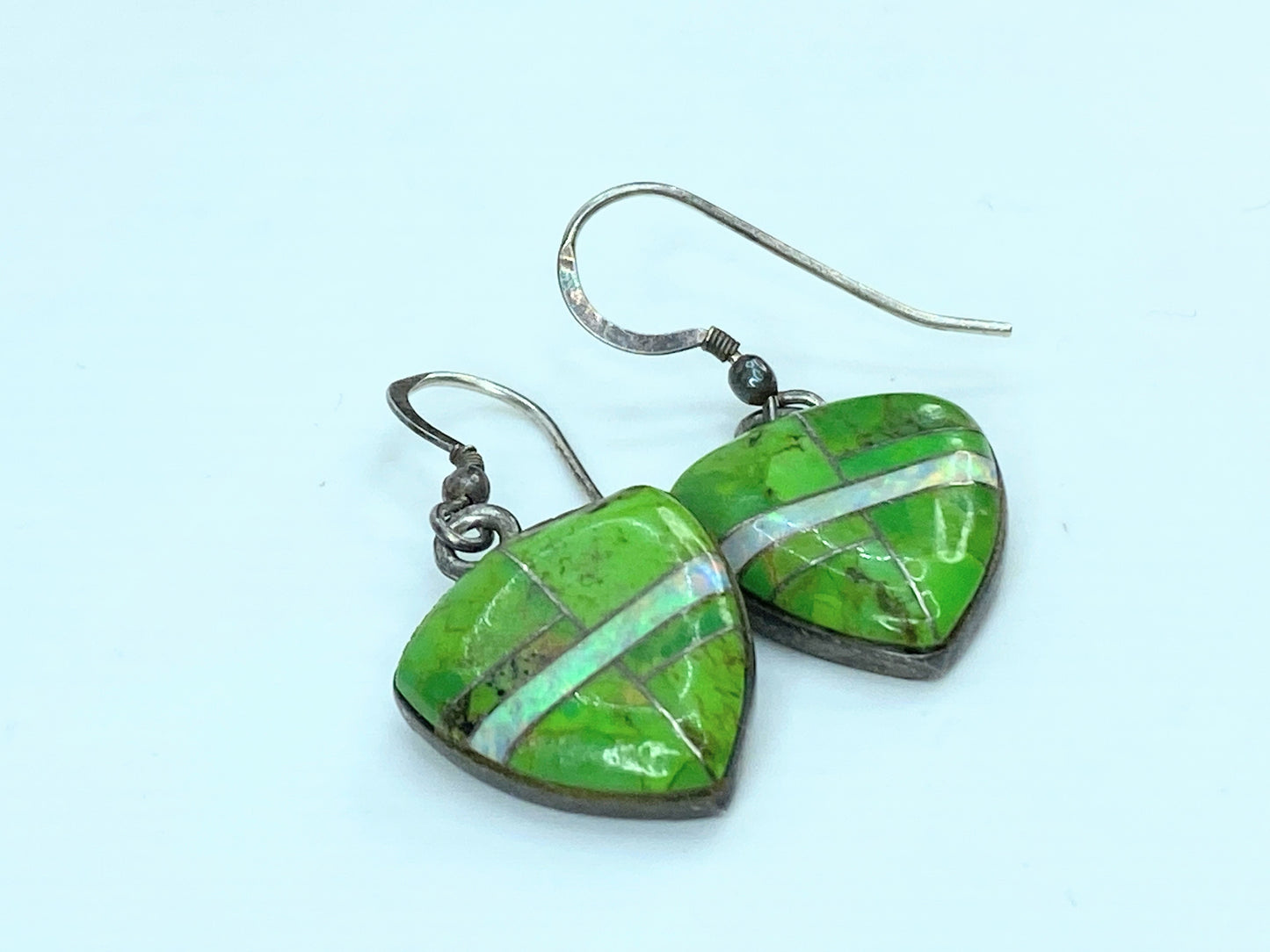 Southwest Sterling 925 Green Gaspeite With Opal Shield motif earrings JR1053