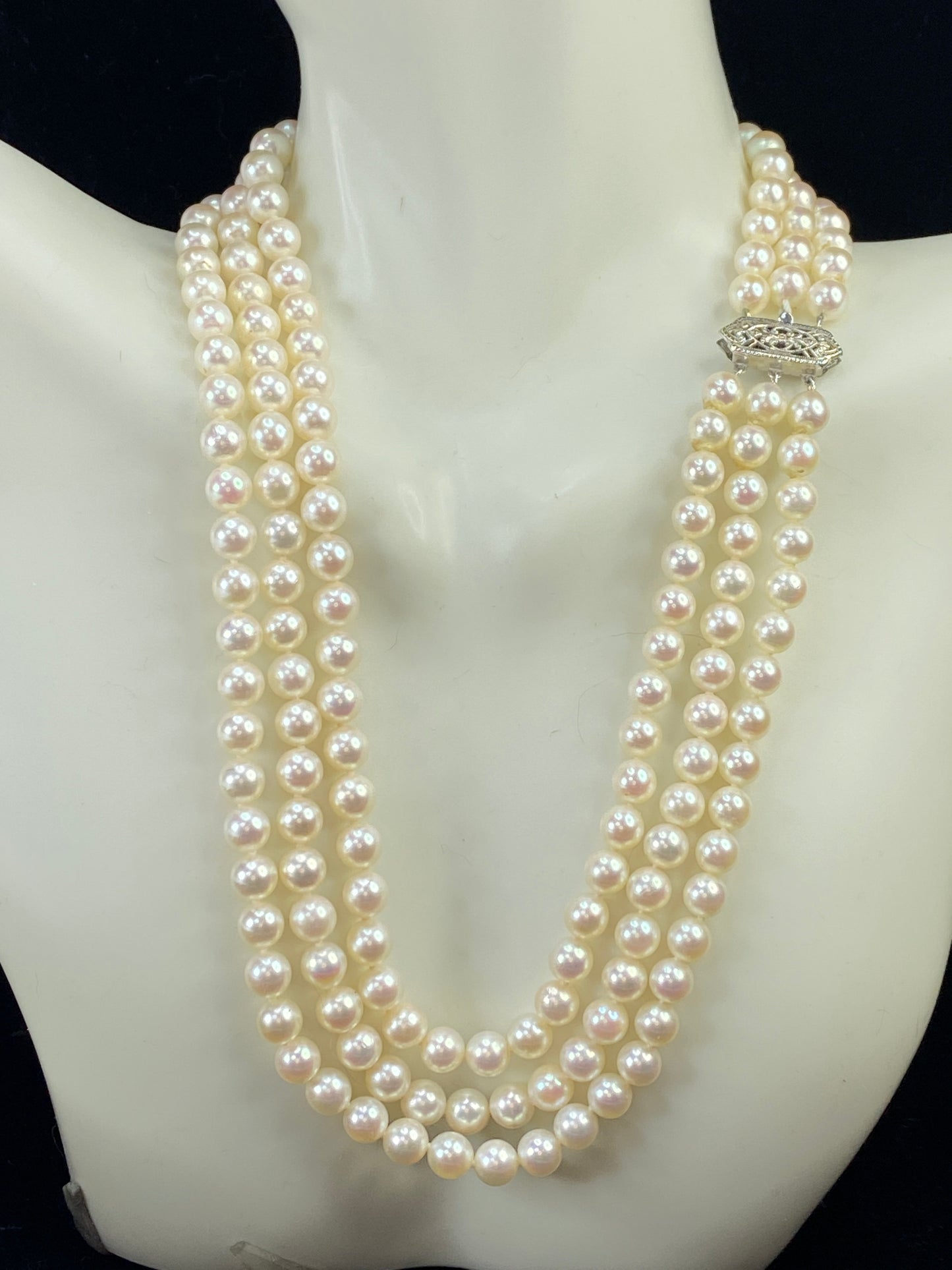 Triple Akoya cultured Pearls necklace in 14 karat white gold choker