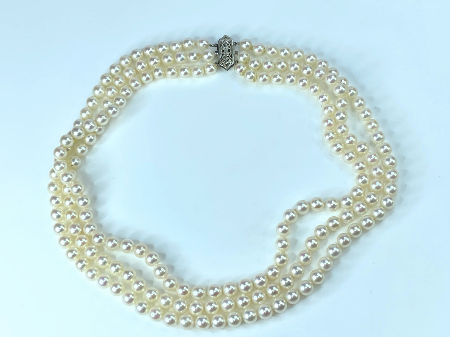 Triple Akoya cultured Pearls necklace in 14 karat white gold choker