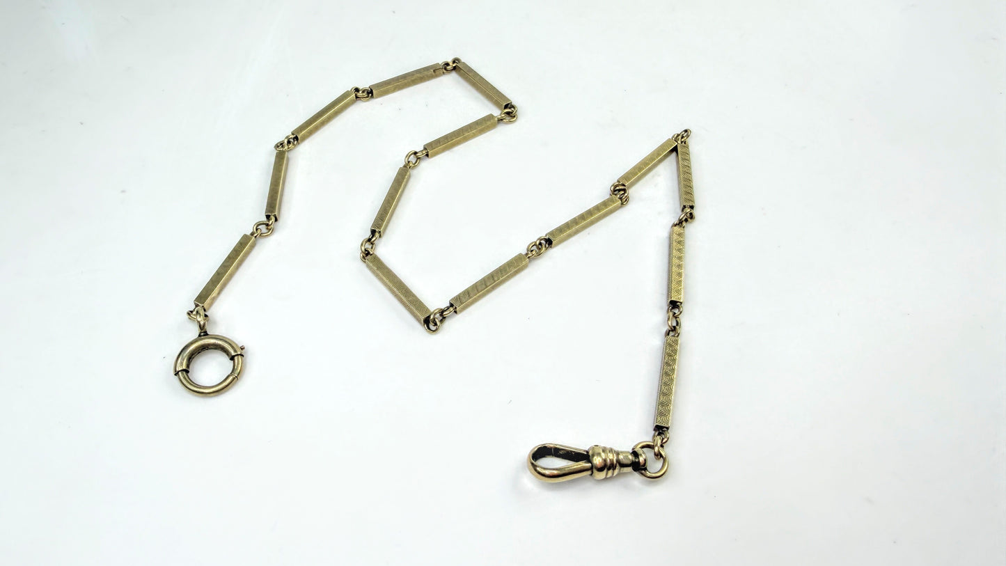 Antique 18K yellow Gold Etched long Bar Link Pocket Watch Chain 17.6g, 14" SS338