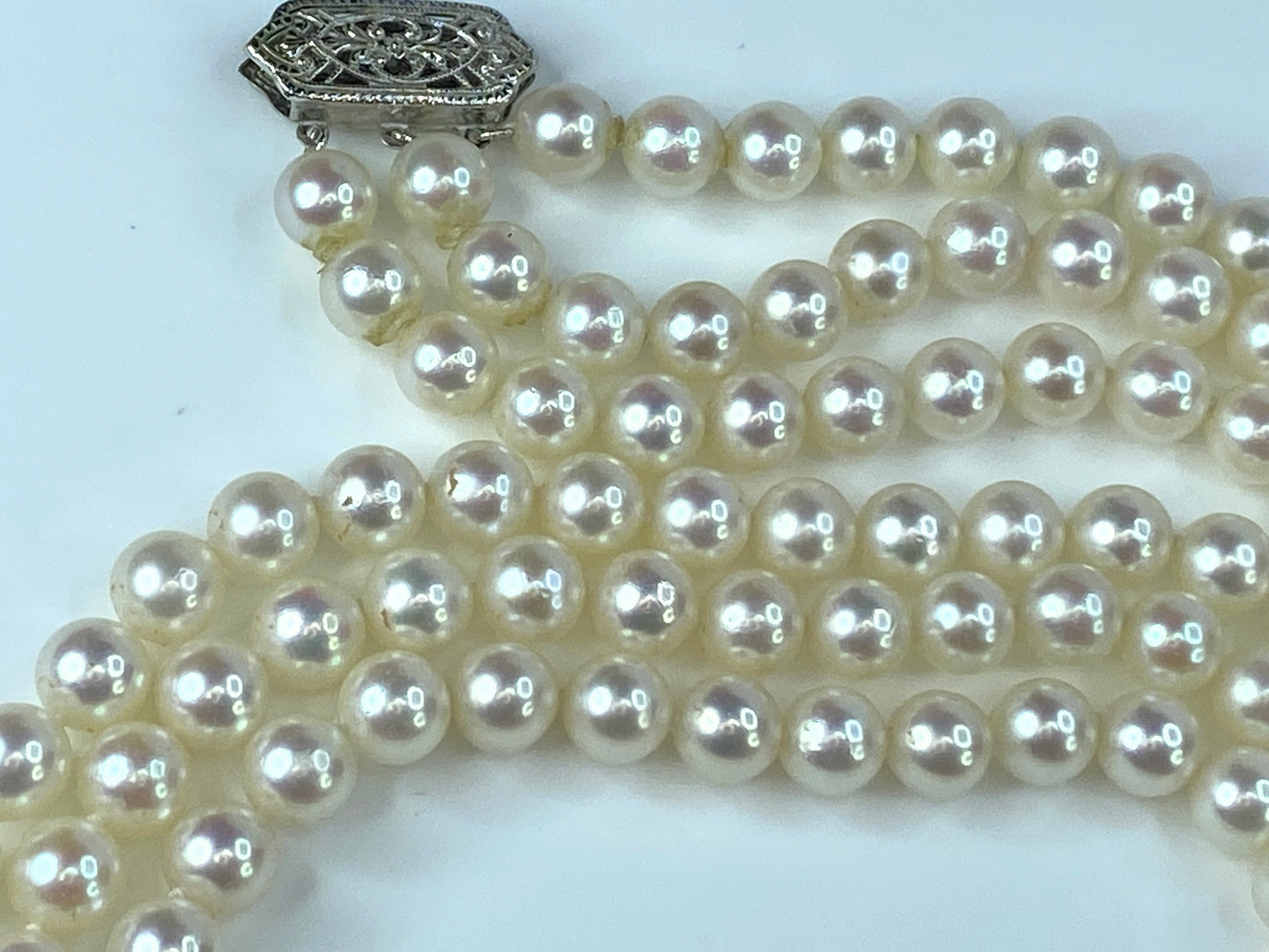 Triple Akoya cultured Pearls necklace in 14 karat white gold choker