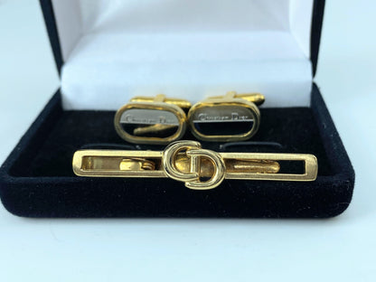 Christian Dior set two tone cufflink tie clip authentic GS123