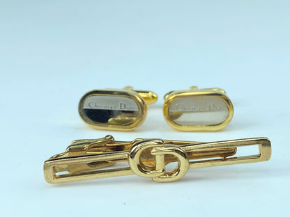 Christian Dior set two tone cufflink tie clip authentic GS123