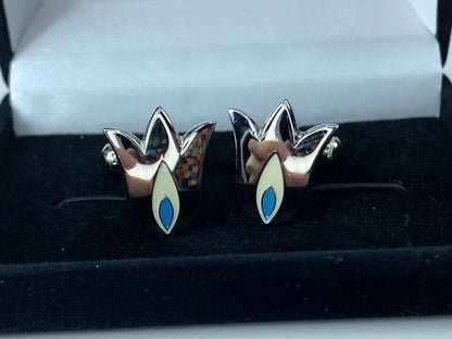 Blueberry Blue & White enamel Tulip flower cufflink Rare 18.0mm GS124