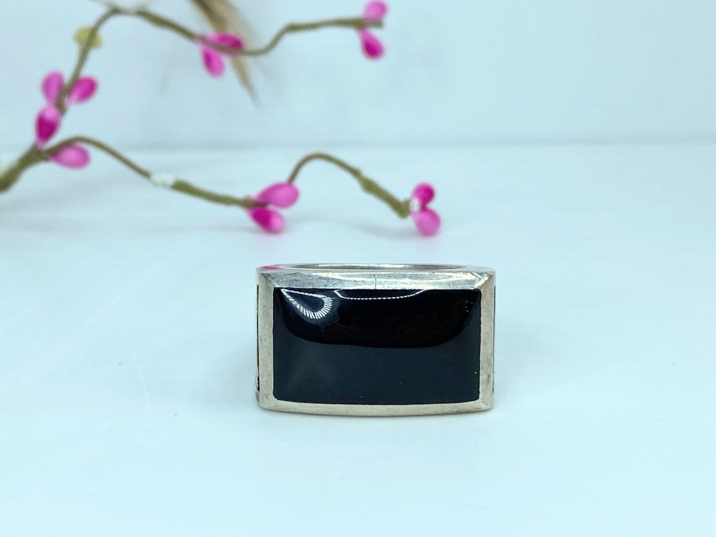 Nightrider huffy Sterling silver Men's onyx geometric inlay ring s12 42g JR1056