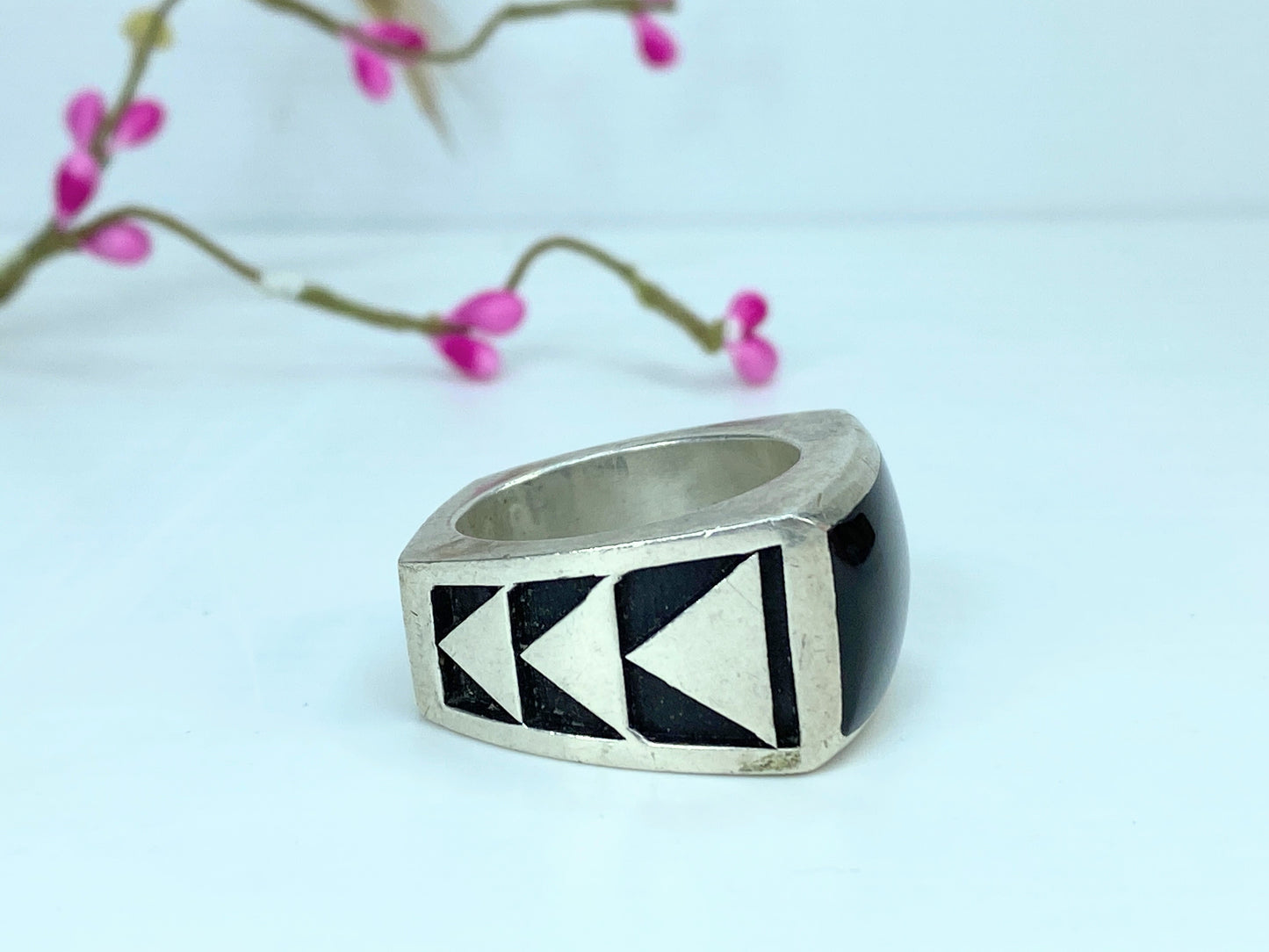 Nightrider huffy Sterling silver Men's onyx geometric inlay ring s12 42g JR1056