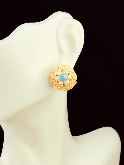 14 karat cultured Pearls Turquoise cabochon Bombe post earrings