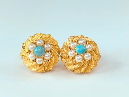 14 karat cultured Pearls Turquoise cabochon Bombe post earrings