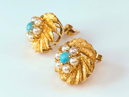 14 karat cultured Pearls Turquoise cabochon Bombe post earrings