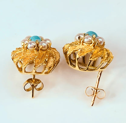 14 karat cultured Pearls Turquoise cabochon Bombe post earrings