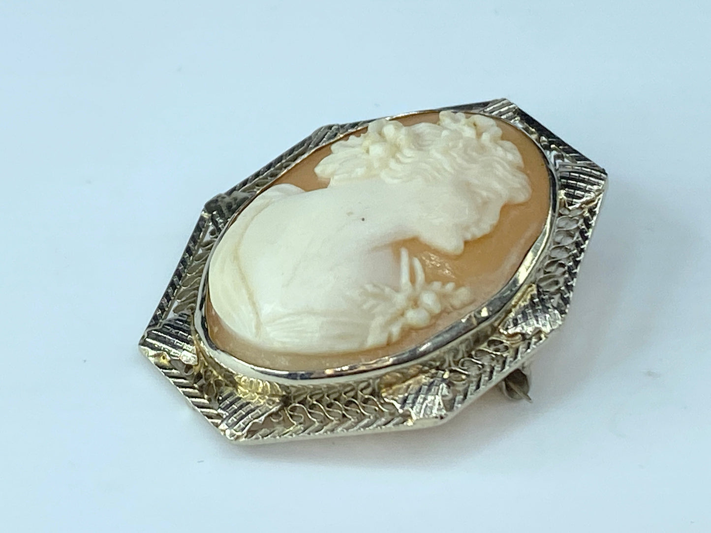 Exquisite Art Deco filigree Cameo 14 karat white gold brooch