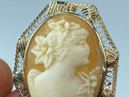 Exquisite Art Deco filigree Cameo 14 karat white gold brooch