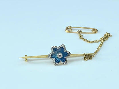 Blue Guilloche blue enamel Floral Diamond bar pin in 18 karat