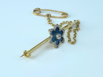 Blue Guilloche blue enamel Floral Diamond bar pin in 18 karat