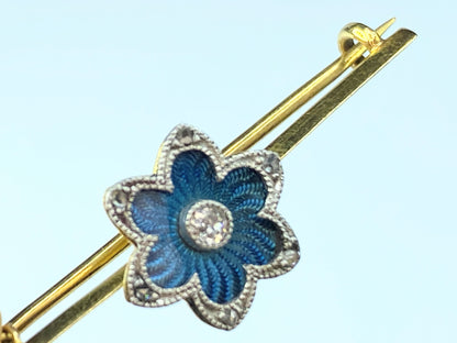 Blue Guilloche blue enamel Floral Diamond bar pin in 18 karat