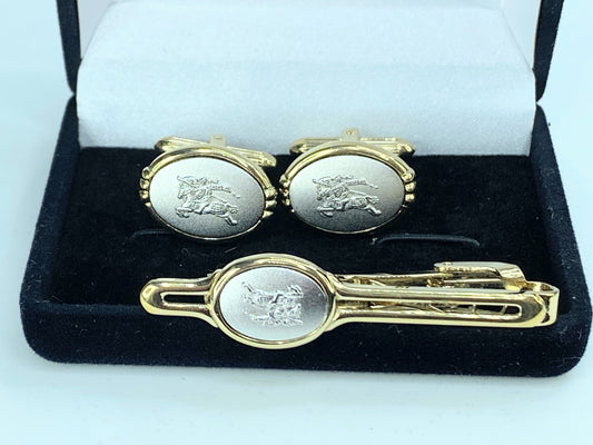 Burberry Gold Silver Tone matching cufflinks tie clip set GS132