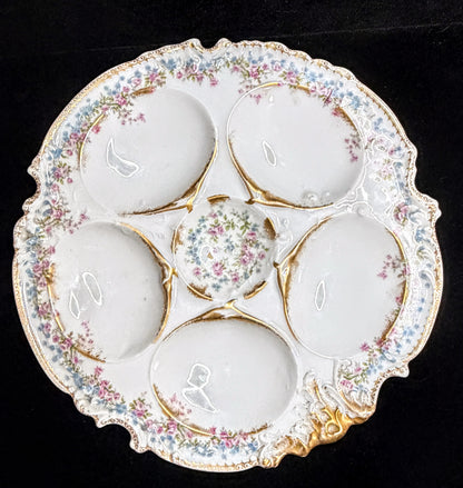 Antique Limoges France Oyster Plate Floral Gold Gilt 6 Well 9.38" Mint A947