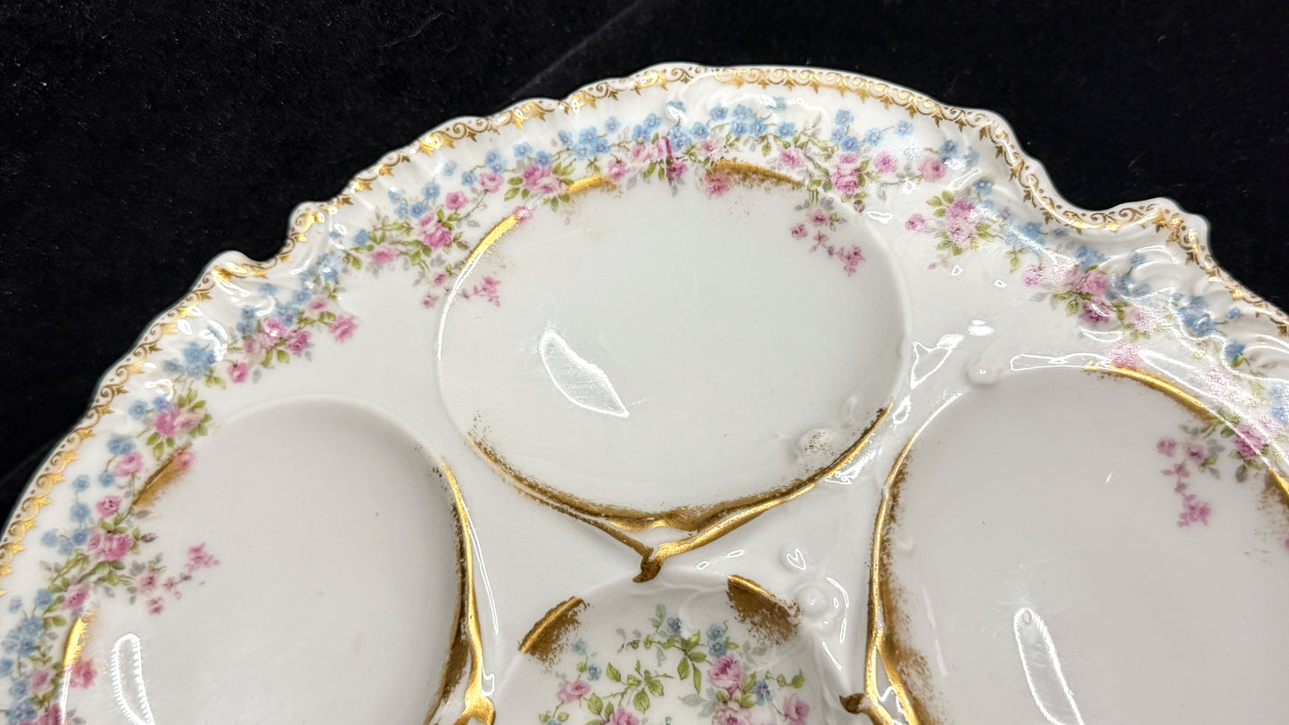 Antique Limoges France Oyster Plate Floral Gold Gilt 6 Well 9.38" Mint A947
