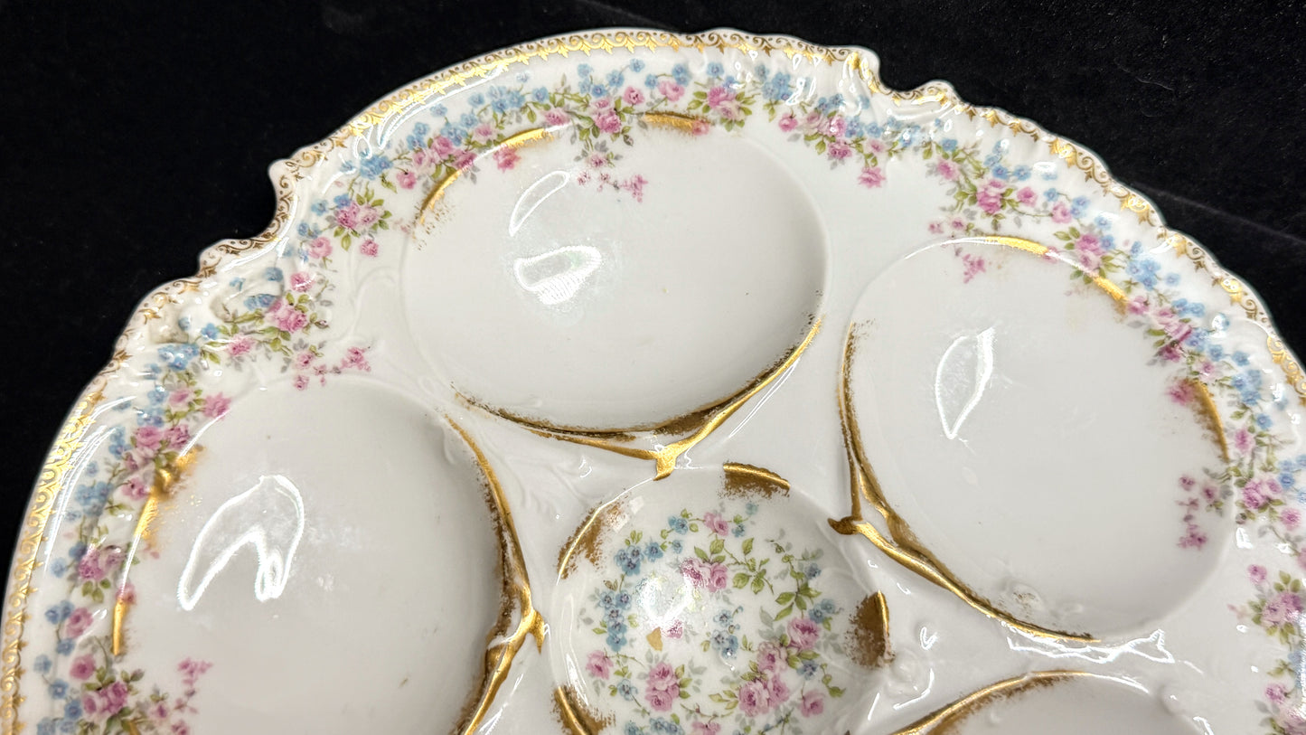 Antique Limoges France Oyster Plate Floral Gold Gilt 6 Well 9.38" Mint A947