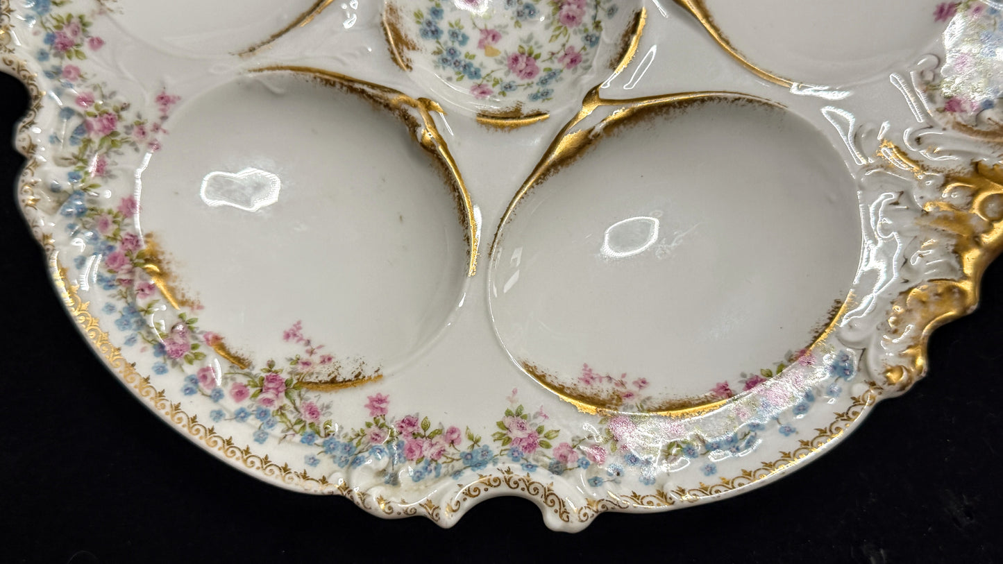 Antique Limoges France Oyster Plate Floral Gold Gilt 6 Well 9.38" Mint A947