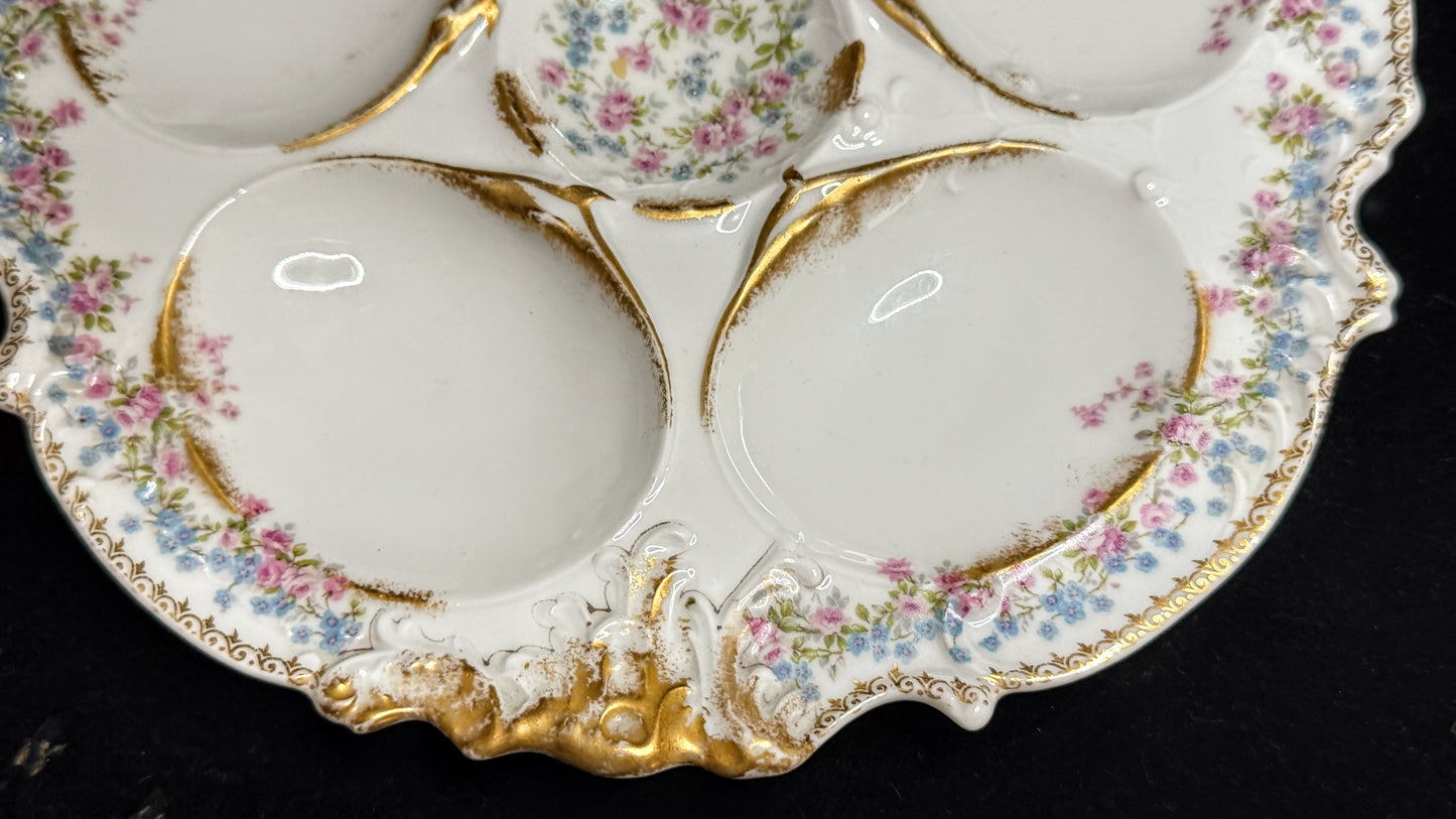 Antique Limoges France Oyster Plate Floral Gold Gilt 6 Well 9.38" Mint A947
