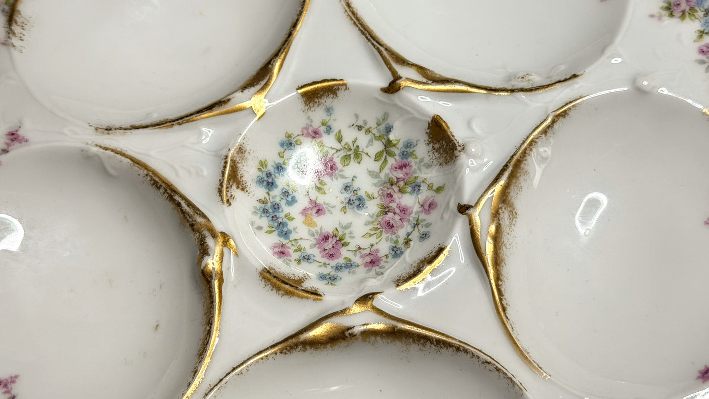 Antique Limoges France Oyster Plate Floral Gold Gilt 6 Well 9.38" Mint A947