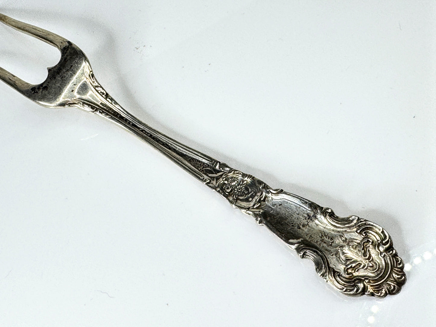 Vintage Sterling Handle Ornate Two-Tine Serving Fork  7 1/4" 50.8g SS445