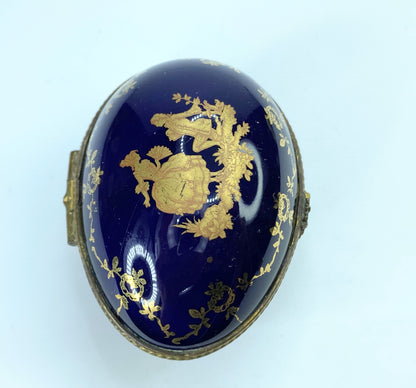 Limoges France Courting Couple Cobalt blue Egg trinket box A150