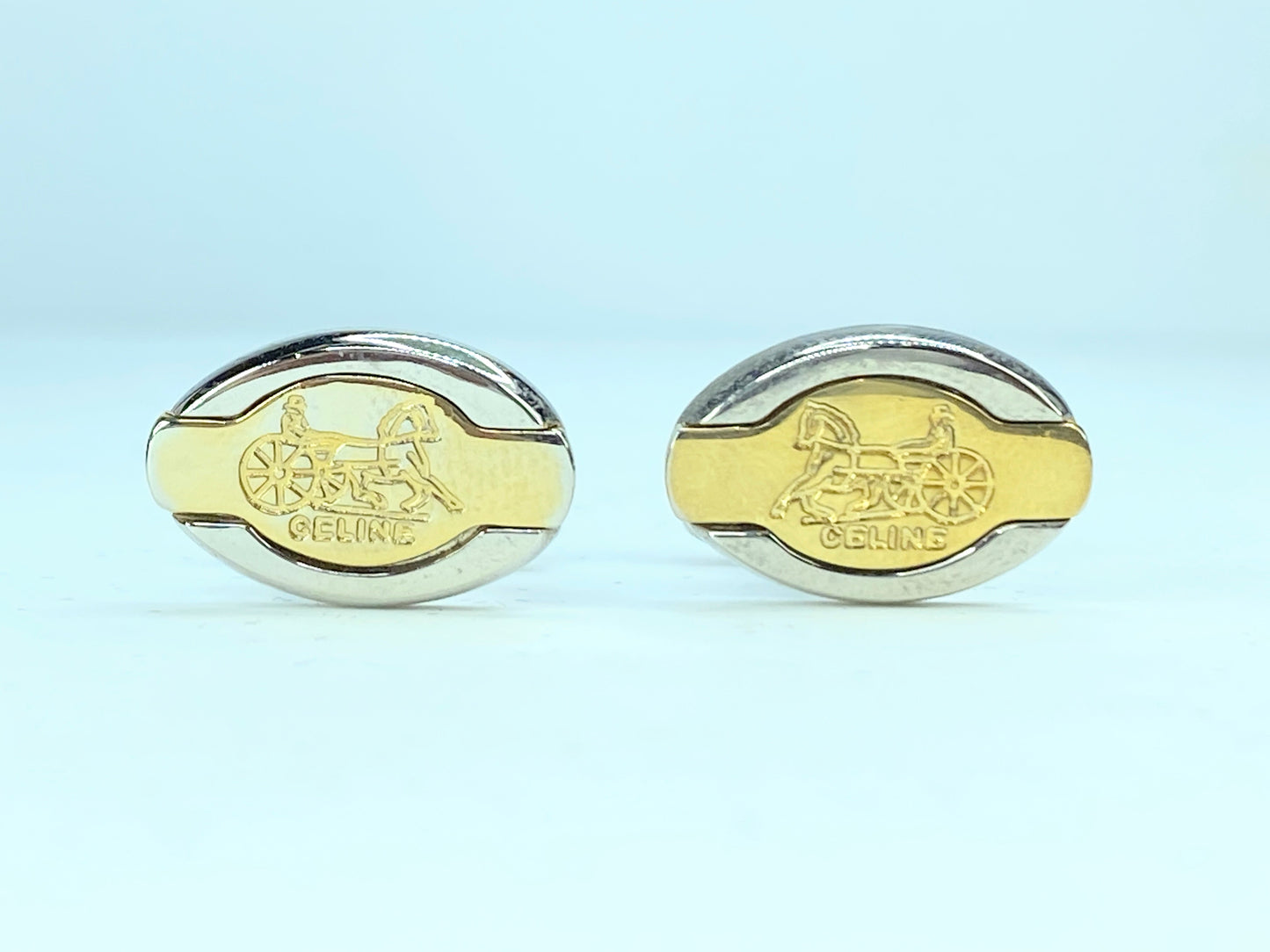 CELINE Tie Pin and Cufflinks Set, Horse Carriage, Silver Gold Color LTD GS137