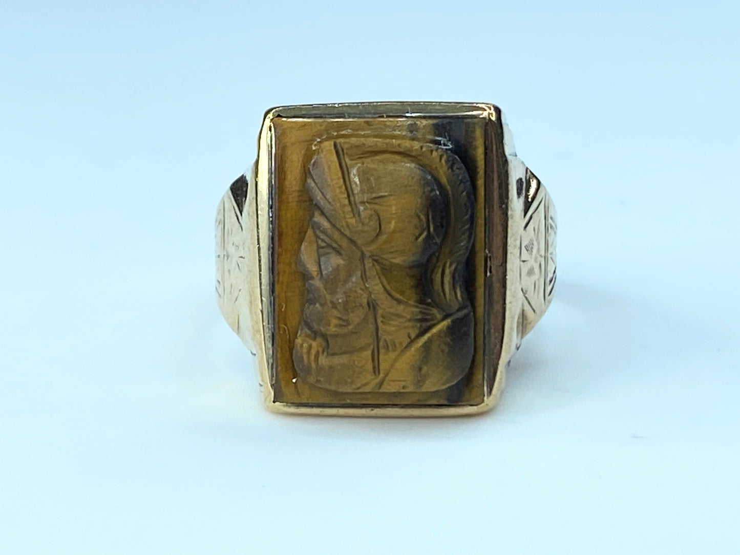 Mens 10K Yellow Gold Intaglio Cameo Tigers Eye Ring