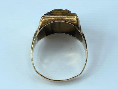 Mens 10K Yellow Gold Intaglio Cameo Tigers Eye Ring