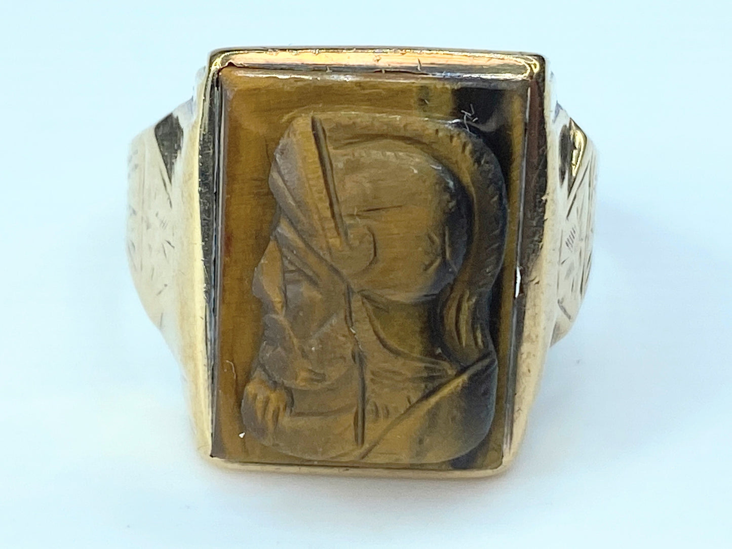 Mens 10K Yellow Gold Intaglio Cameo Tigers Eye Ring