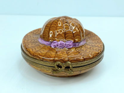 Retired c1990 Limoges, France Porcelain Ladies Straw Hat Shaped Trinket Box A562