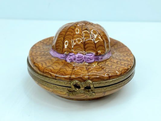 Retired c1990 Limoges, France Porcelain Ladies Straw Hat Shaped Trinket Box A562