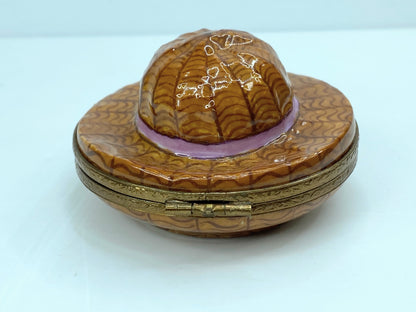 Retired c1990 Limoges, France Porcelain Ladies Straw Hat Shaped Trinket Box A562