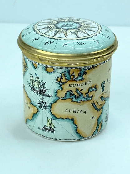 Halcyon Days Enamel Traveler Trinket Box w/Old World Map & Compass England A563