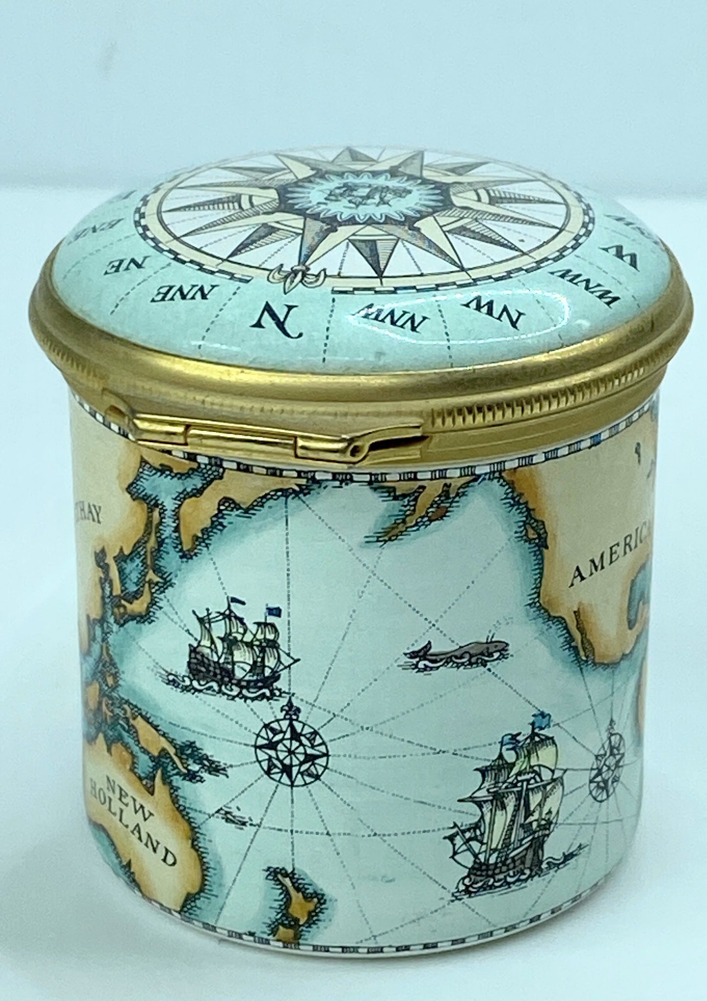 Halcyon Days Enamel Traveler Trinket Box w/Old World Map & Compass England A563
