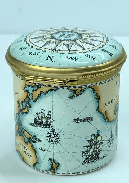 Halcyon Days Enamel Traveler Trinket Box w/Old World Map & Compass England A563