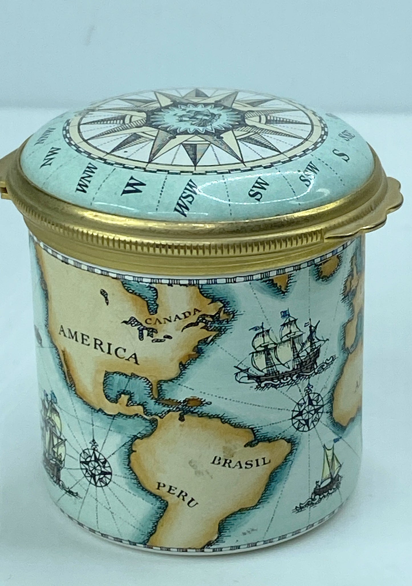 Halcyon Days Enamel Traveler Trinket Box w/Old World Map & Compass England A563