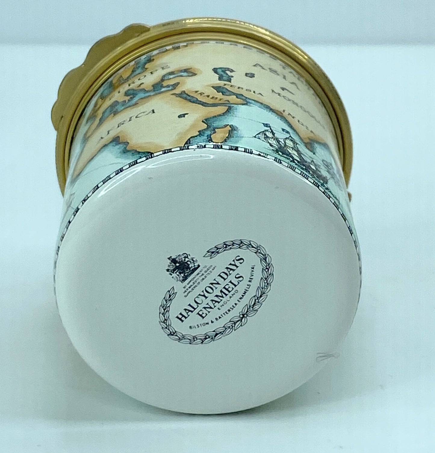 Halcyon Days Enamel Traveler Trinket Box w/Old World Map & Compass England A563