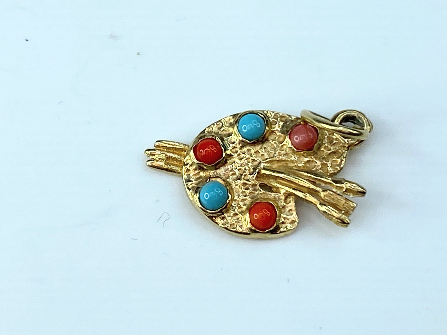 14K Yellow Gold Turquoise & Coral cabochon Artist Palette Charm