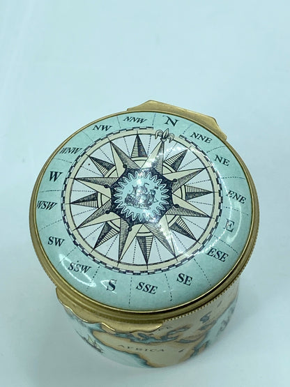 Halcyon Days Enamel Traveler Trinket Box w/Old World Map & Compass England A563