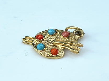 14K Yellow Gold Turquoise & Coral cabochon Artist Palette Charm