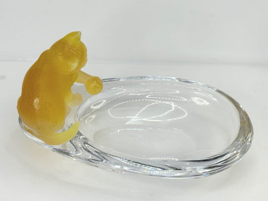 Daum signed hand blown crystal yellow cat at pond trinket ring dish Mint A648