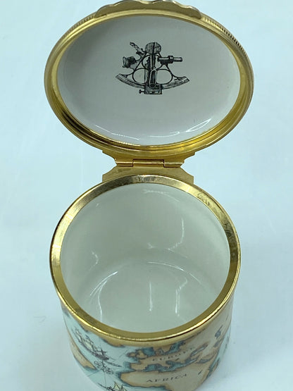 Halcyon Days Enamel Traveler Trinket Box w/Old World Map & Compass England A563