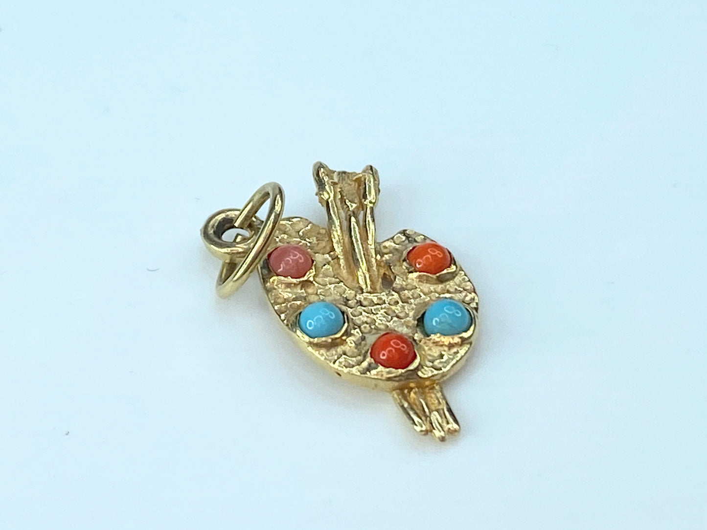 14K Yellow Gold Turquoise & Coral cabochon Artist Palette Charm