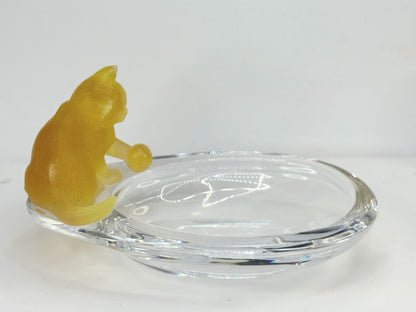 Daum signed hand blown crystal yellow cat at pond trinket ring dish Mint A648