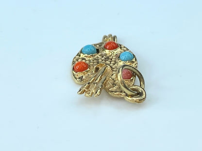 14K Yellow Gold Turquoise & Coral cabochon Artist Palette Charm