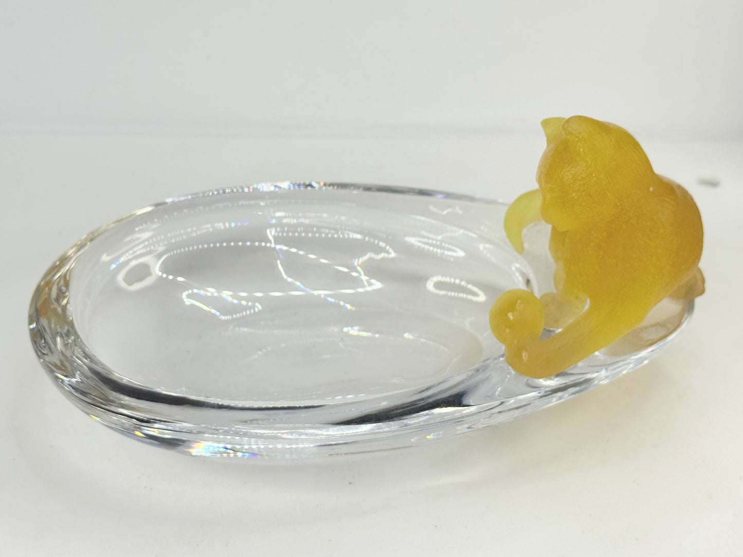 Daum signed hand blown crystal yellow cat at pond trinket ring dish Mint A648